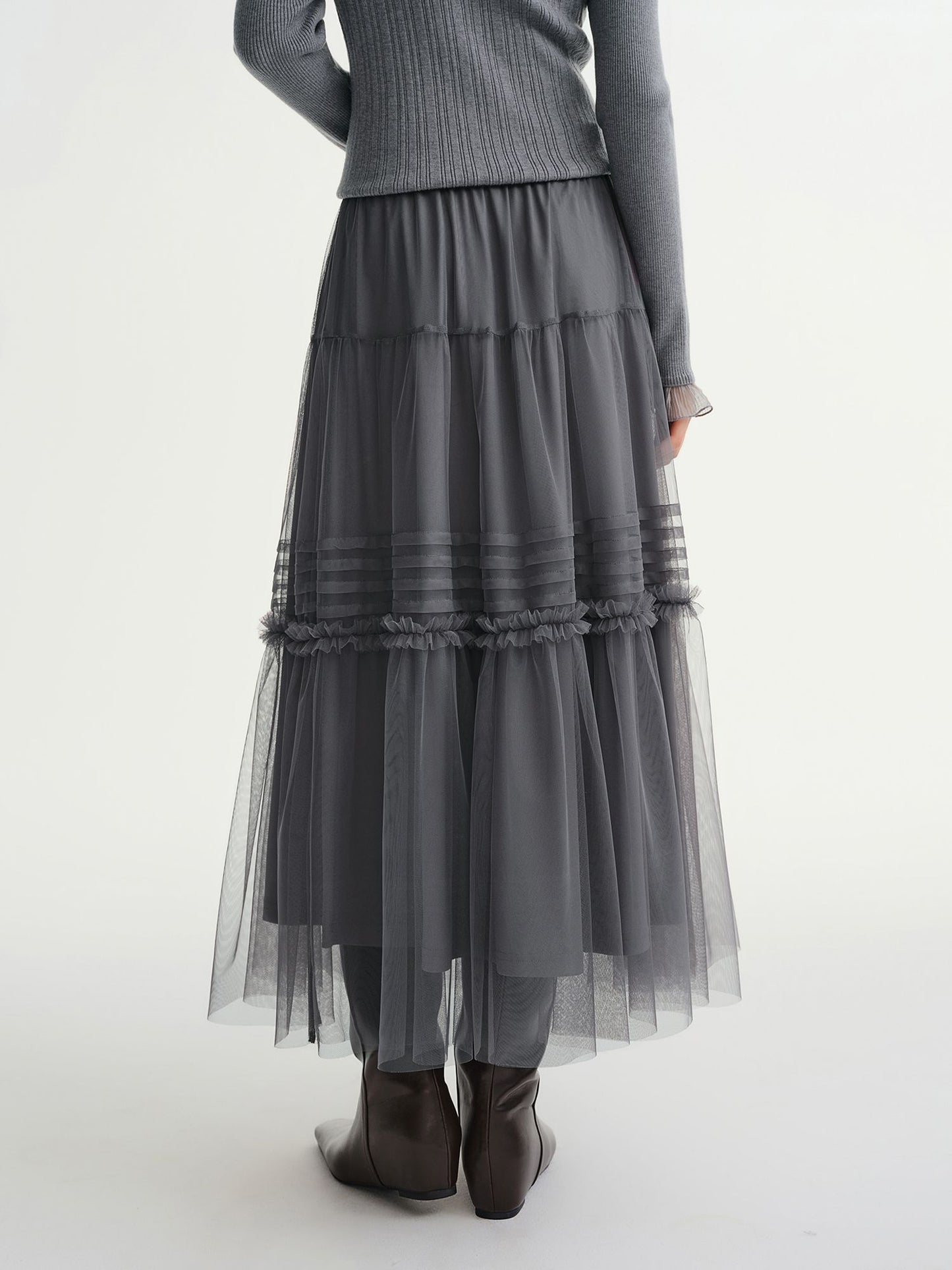 DUSHU Three-color Ruffled Mesh Skirt Women Pleated Mesh Straight Skirt Fairy Retro Gothic Cool Girls Elastic Waist Loose Fit