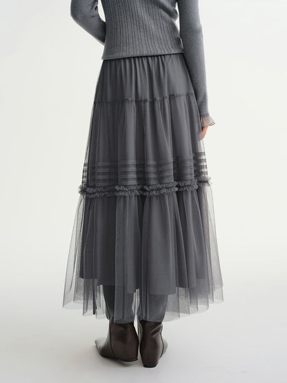 DUSHU Three-color Ruffled Mesh Skirt Women Pleated Mesh Straight Skirt Fairy Retro Gothic Cool Girls Elastic Waist Loose Fit