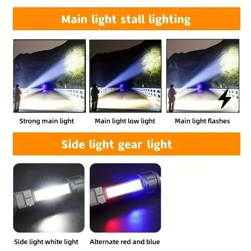 Super Bright COB LED Flashlight TYPE-C Rechargeable Zoomable With Side Light Waterproof Torch Camping Hiking Emergency Outdoor