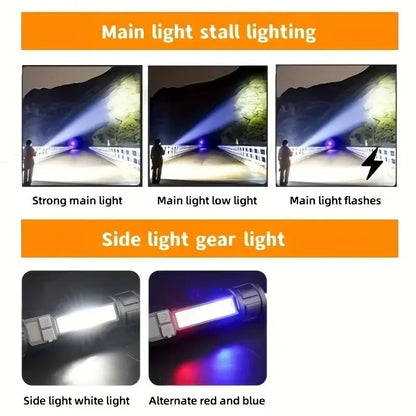 Super Bright COB LED Flashlight TYPE-C Rechargeable Zoomable With Side Light Waterproof Torch Camping Hiking Emergency Outdoor