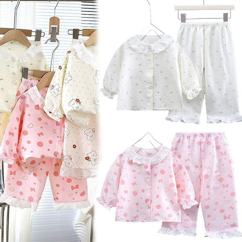 Kids Home Clothes 2Pcs Set Baby Loose Pajamas Fashion Girl Lace Floral Print Sleepwear Children Air Conditioner Long Sleeve Pant