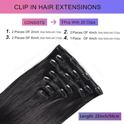 Apliques de Cabelo Preto Liso de 22 Polegadas, 130g, 7 Peças, Sintético, com Presilha