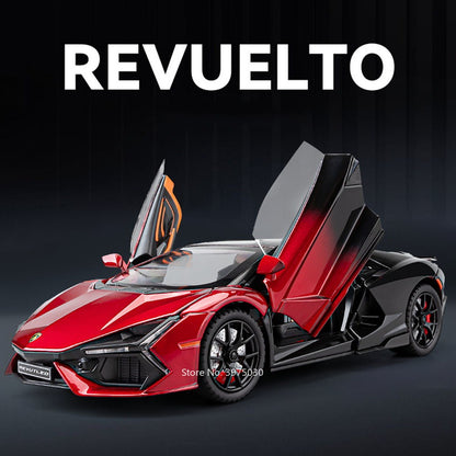 Miniaturas de carros de brinquedo Lambor Revuelto em liga fundida, escala 1:24, superesportivo com 4 portas que abrem, presente para crianças e bebês