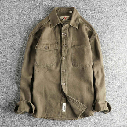 2025 Spring and Autumn New American Retro Woven Twill Cargo Shirt Men's Simple 100% Cotton Washed Double Pocket Causal Blousers