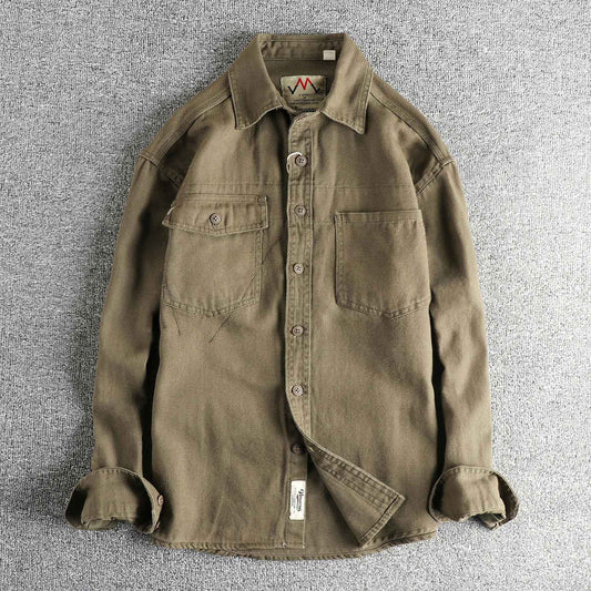 2025 Spring and Autumn New American Retro Woven Twill Cargo Shirt Men's Simple 100% Cotton Washed Double Pocket Causal Blousers