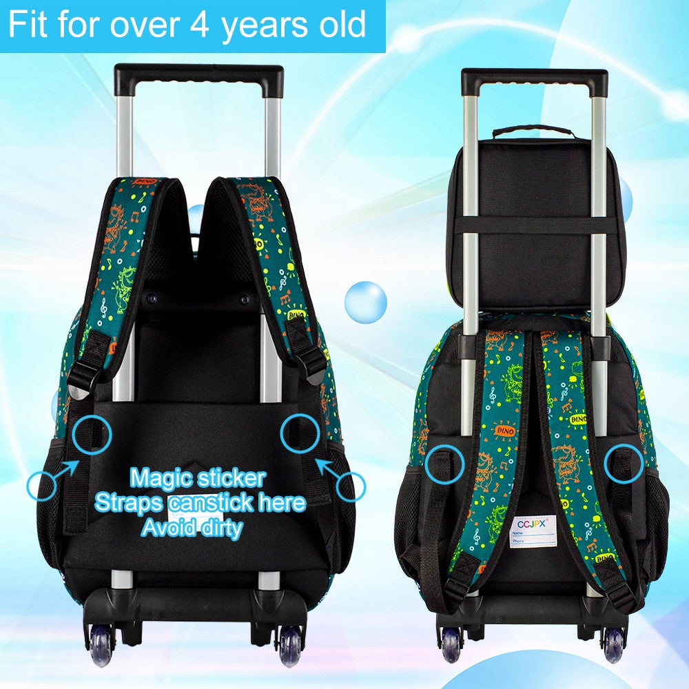 Mochila de Rodinhas de Dinossauro 3 Peças para Meninos, Mochila Escolar Infantil com Rodas, Mochila de Rolamento com Lancheira para o Ensino Fundamental