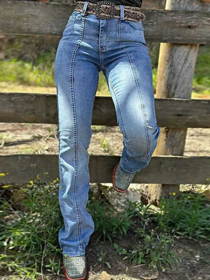 Women's Vintage Distressed Line Flared Jeans, Slim Fit, Mid Rise, Stretchable, Casual, Washed Denim Bell Bottoms