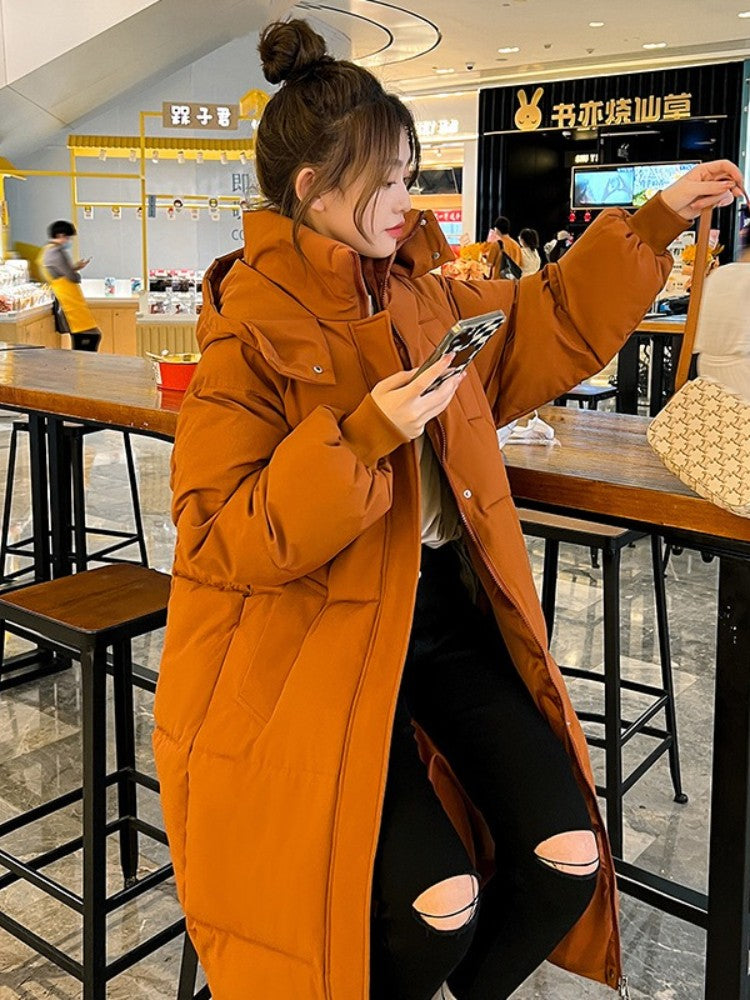 Long Thickened Down Cotton Bread Style Coat Women's Winter 2025 Outerwear Korean Loose Long Knee Length Solid Hooded Jacket