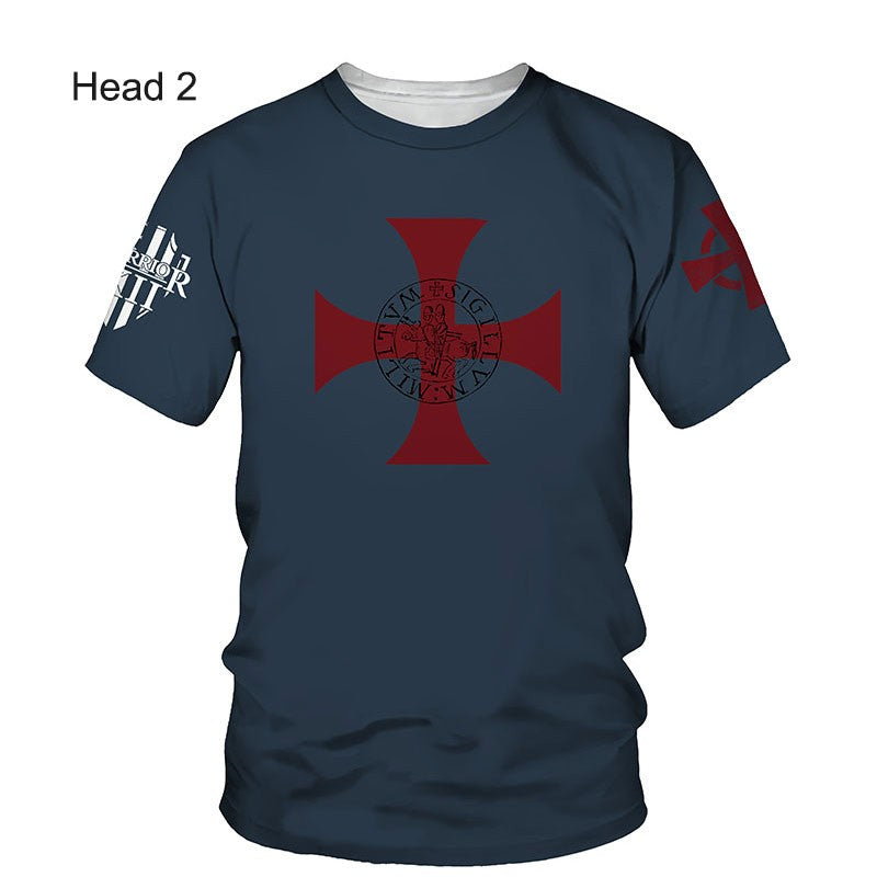 Crusader Knights Templar 3D Harajuku Print Handsome Retro Taste Fashion Personality Street Men's Round Neck Short Sleeve T-shirt