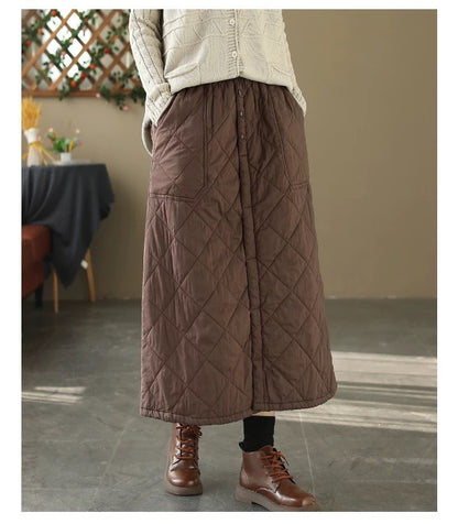 Retro Warm Cotton Quilted Long Midi Skirt High Waist A-Line Skirt for Middle-Aged And ly Women Diamond Patterned f Skirt