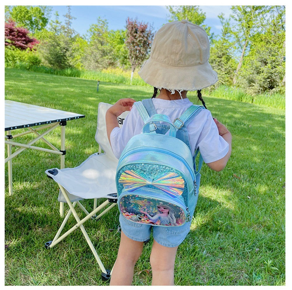Mochila Mini de Glitter Princesa Elsa de Frozen da Disney, Linda com Laço de Lantejoulas, Bolsa Escolar de Jardim de Infância para Meninas, Desenho Animado Infantil, Mochila de Ombro Duplo