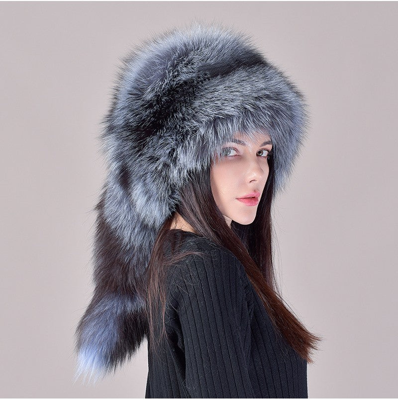 2025 Novo Estilo Chapéu Russo Ushanka de Pele de Raposa Natural Feminino Quente de Inverno Estilo Popular Fofo Boné Feminino com Cauda de Pele Real da Moda