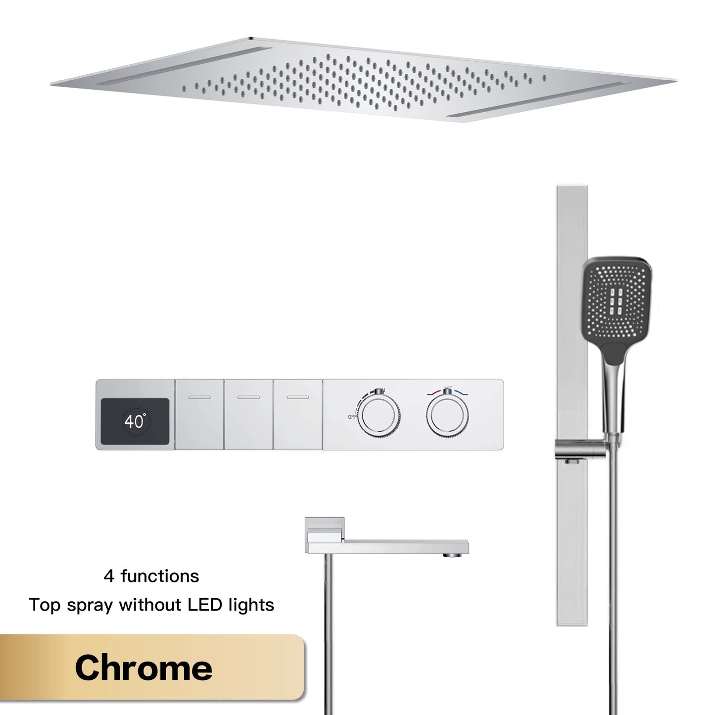 Sistema de chuveiro de teto luxuoso em latão cinza escuro com temperatura constante e display digital LED de água quente e fria, torneira de banheiro embutida