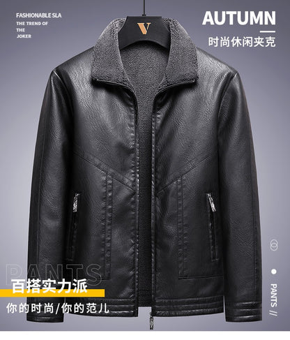 Leather Jacket Men Coats Autumn Fur Collar Luxury Fleece Black Oversized  6XL 7XL 8XL Plus Size Warm Winter Comfort High Quality