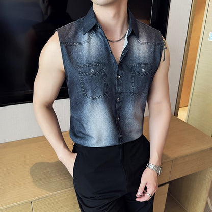 Men's Slim-Fit Sleeveless Denim Shirt Vest: WashedFabric Wrinkle-Free & Stylish Casual Wear? M-4XL