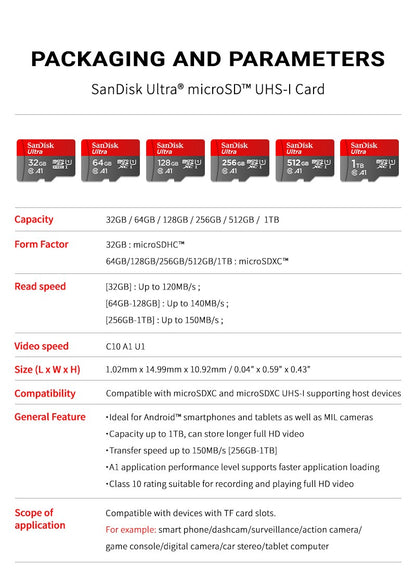 Cartão Micro SD SanDisk Original C10 32GB 64GB 128GB 256GB 512GB Até 150MB/s Cartão de Memória Microsd 1TB Cartão Flash TF A1 para Celular