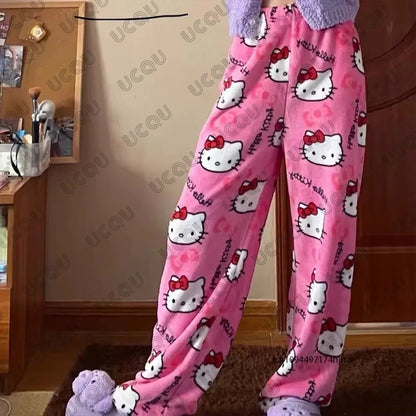 Autumn Winter Cartoon Hello Kitty Pajamas Pants Y2K Anime Women‘s Pajama Pants Couple Sleepwear Trousers Casual Home Clothes