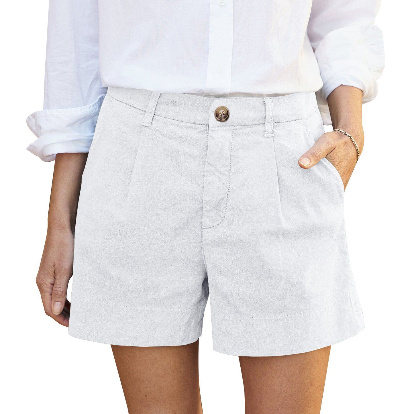 Cotton Linen Solid Shorts For Women Button High Waist Summer Loose Casual Pockets Shorts Female Pants Women Clothing