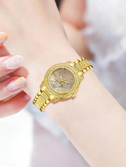 Luxurious ladies' quartz watch and jewelry set with intricate engravings, a birthday gift, and an elegant outfit for a party.
