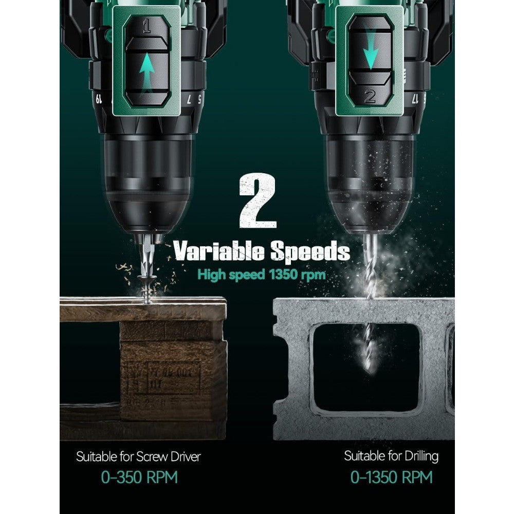 Conjunto de Furadeira de Impacto sem Fio 20V com 2 Baterias, Torque de 350 pol-lb, Mandril sem Chave de 3/8", 14 Peças de Brocas para Concreto e Madeira