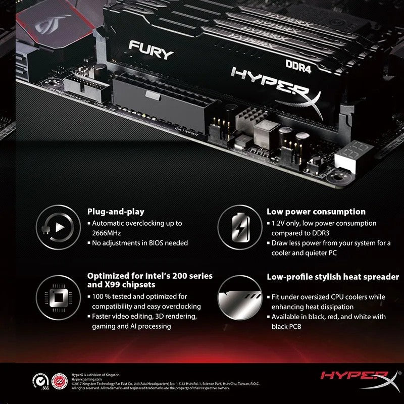 HyperX Fury 8GB 16GB 32GB DDR4 3600MHz 3200MHz 2666MHz 2400MHz 2133MHz DRAM CL18 CL16 1.35V DIMM 288pin