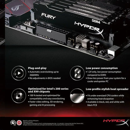 HyperX Fury 8GB 16GB 32GB DDR4 3600MHz 3200MHz 2666MHz 2400MHz 2133MHz DRAM CL18 CL16 1.35V DIMM 288pin