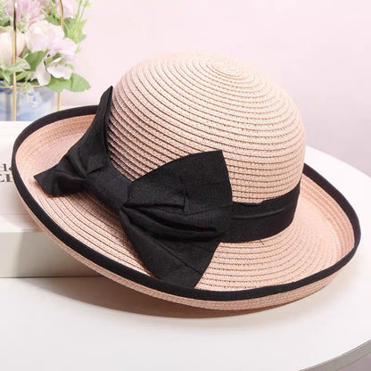 Chapéu de palha feminino de verão, edição coreana, com aba enrolada, elegante, com laço, chapéu de pesca para viagem, proteção solar e sombreamento, chapéu de praia
