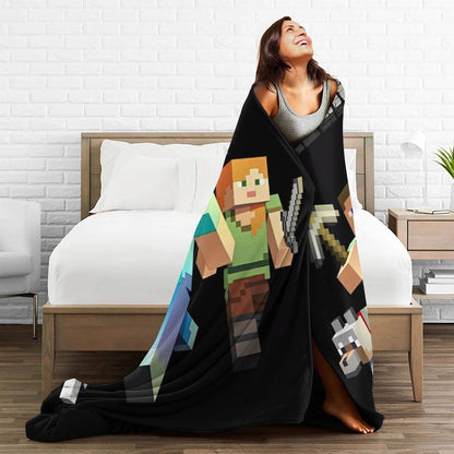 Cartoon Mines Pixel Game Crafts Flannel Blanket Super Warm Throw Blanket for Home Decor Decorative Street Trend Bedspread
