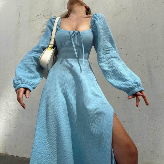 Lace-up Square Collar Sexy Dress Women Autumn Lantern Sleeve Solid Cotton Slit R