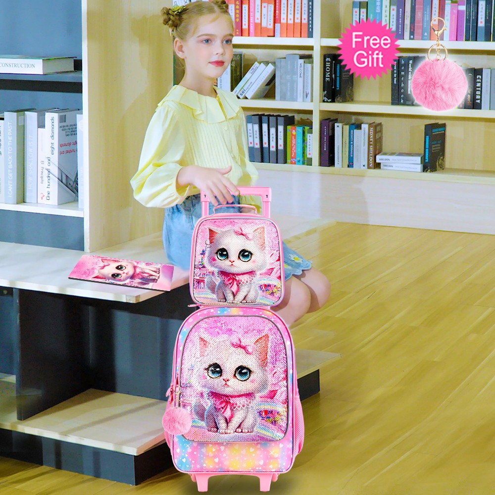 Mochila de Rodinhas 4 Peças para Meninas, Mochila Escolar com Rodas de Gato para Crianças com Lancheira, Mochila Escolar com Rodas para Crianças Pequenas do Ensino Fundamental