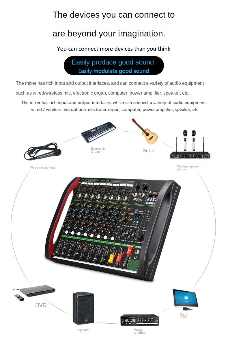 Mesa de som DSP de 4/8 canais com efeito de reverberação, profissional, Bluetooth, USB, áudio mixer balanceado para karaokê familiar, palco, KTV