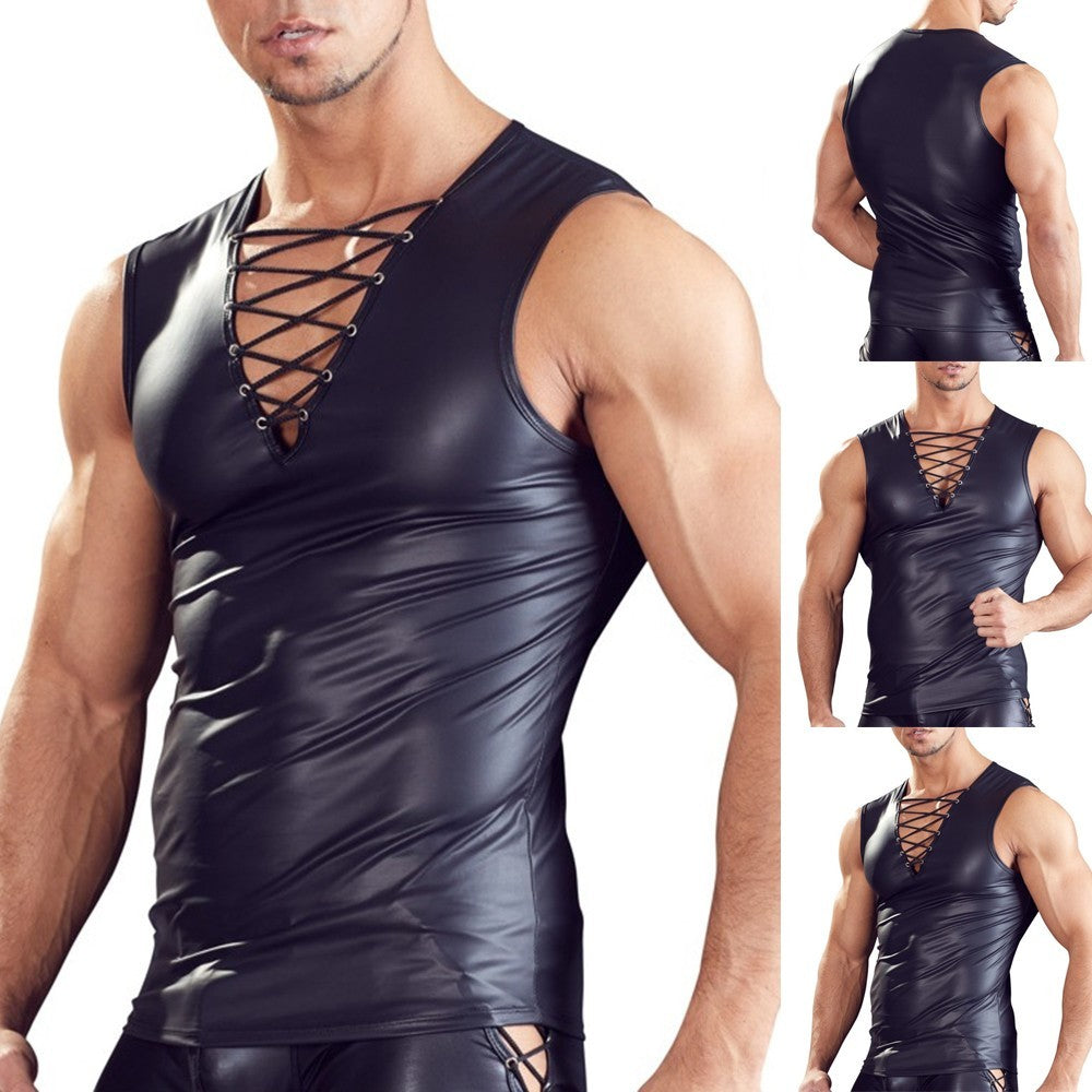 Men Faux Leather Tank Tops Sexy V-neck Lace-up Vest Male Gym Sleeveless Top Nightclub Stage Wear Man Summer Undershirts 2023 New