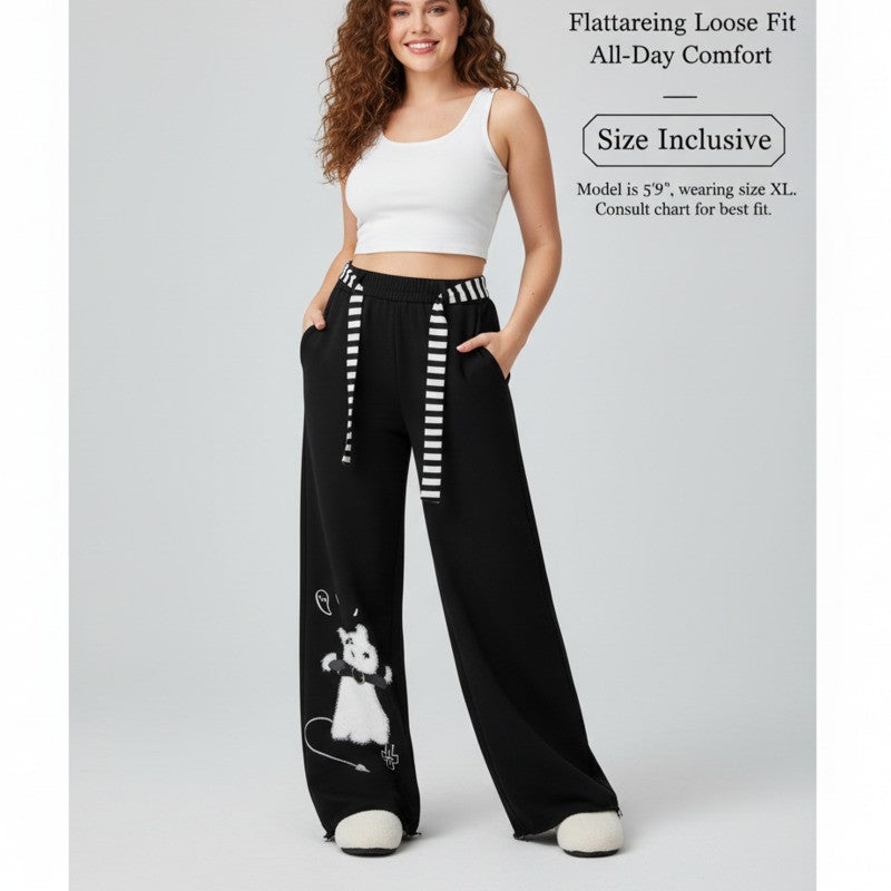 Cat Sweatpants Women Black Wide Leg Cute Casual Pants American Lazy Loose Fit Streetwear Spring Summer Trendy Unisex Outfit New