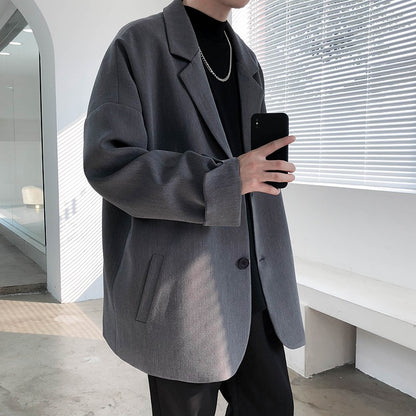 Autumn Men's Casual Solid Color Blazer Korean Style Business Single Trendy Oversize Business Suit Jackets Retro Daily Streetwear