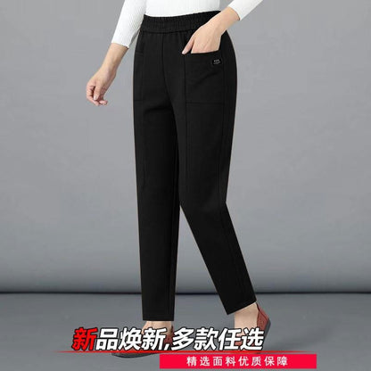 High Waist Straight Leg Pants Women's Fleece Lined Elastic Casual Mom Pants Spring Autumn Winter Polyester Fiber Harlan Pants