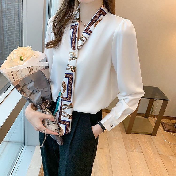 H Han Queen Spring Chiffon Simple Office Lady Blouse Female Shirt Bow Tops Long Sleeve Casual Korean OL Loose Blouses Women