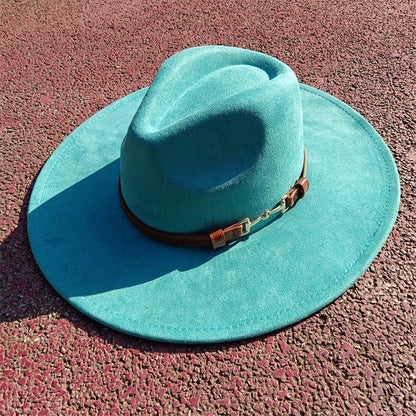 Suede fedora hat with same color accessories teardrop top wide brim hat for men and women Panama hat chapeau homme   sombrero