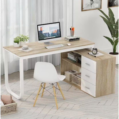 55.1 in. L Shaped Oak and White Wood with 3-Drawer Computer Desk Writing Desk Study Table Home Office,easy to assemble