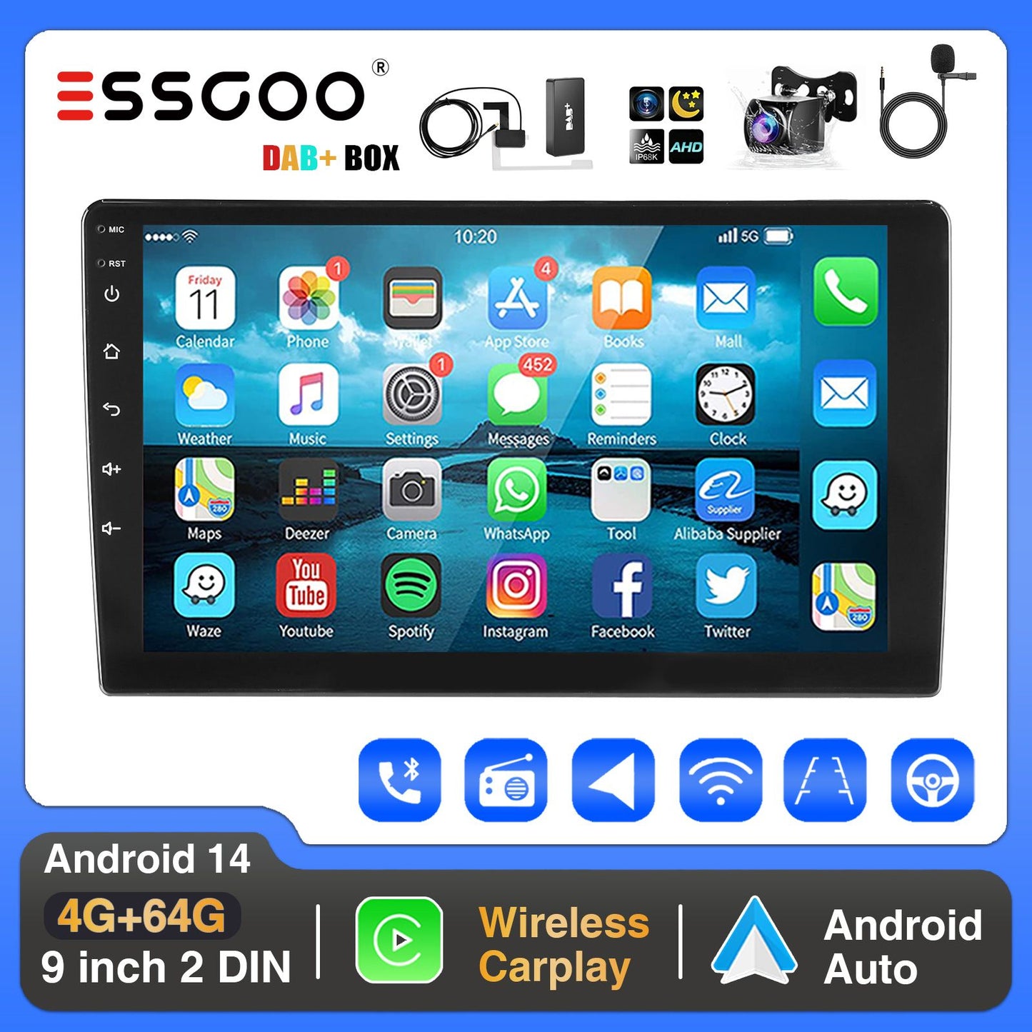 ESSGOO 4+64G Auto Rádio Multimídia Sem Fio CarPlay Android Auto Duplo 2 DIN 9" IPS Tela Sensível ao Toque GPS SAT NAVI FM DAB+ WIFI