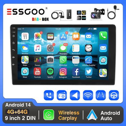 ESSGOO 4+64G Auto Rádio Multimídia Sem Fio CarPlay Android Auto Duplo 2 DIN 9" IPS Tela Sensível ao Toque GPS SAT NAVI FM DAB+ WIFI