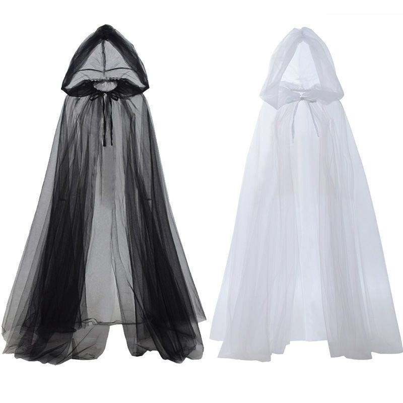 Halloween Ghost Cosplay Outfit Long Mesh Hooded Cloak Grim Reaper Witch Costume For Stage Performance Party Show