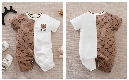 Roupas de Recém-Nascido Macacão de Ursinho de Pelúcia Desenho Animado Patchwork Confortável e Macio Verão Meninos e Meninas 0-18 Macacão de Bebê Manga Curta