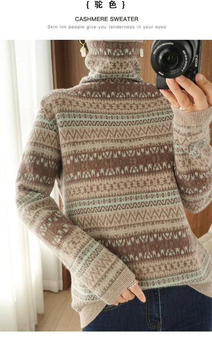 Autumn and Winter New 100% Wool Cashmere Sweater Women's High Neck Pullover Casual Knitted Loose Korean Fashion Color Block Top