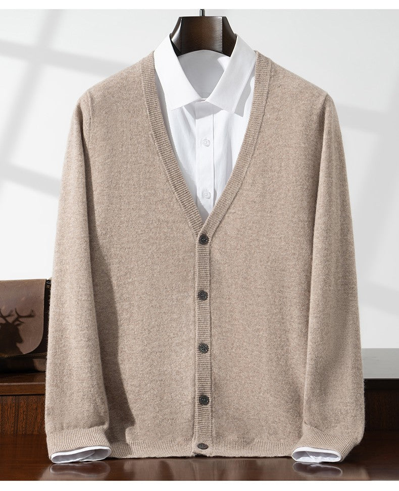 New Simple Button-Up Long Sleeve 100% Wool Cardigan Men's V-Neck Autumn Winter Versatile Commuter Sweater Knitted Jacket
