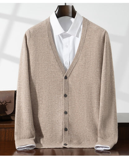 New Simple Button-Up Long Sleeve 100% Wool Cardigan Men's V-Neck Autumn Winter Versatile Commuter Sweater Knitted Jacket