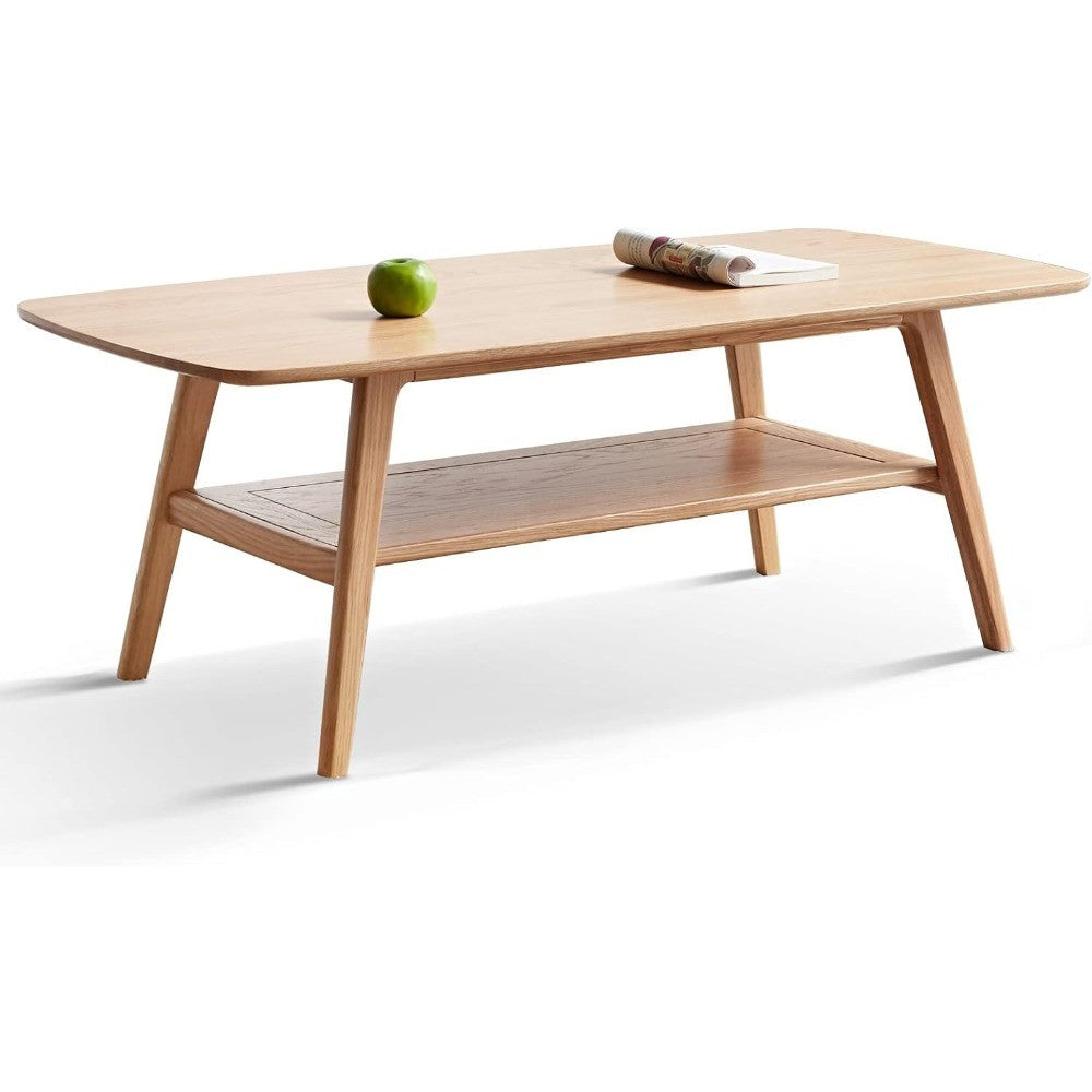 Wood Coffee Table - 2-Tier Oak Coffee Table - Modern Center Coffee Table with Storage Shelf for Living Room, Apartment, and Offi