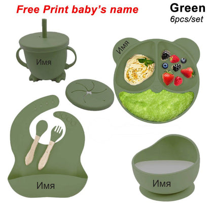 Personalized Name Tableware For Kids Silicone Suction Cup Plate Bowl Baby Feeding Set Children Dinner Dishes Bowl Spoon Cup