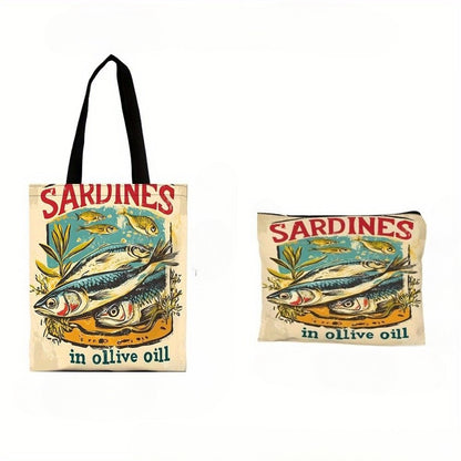 Sardine in Olive Oil Art Tote Bag, Beach Bag with Makeup Bag Multi-functional Shopping Bag, Shoulder Bag, Travel Toiletry Bag