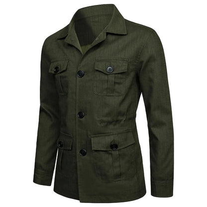 Mens Coats Safari Jacket Linen British Retro Gentry Suit Pockets Outerwear Fashion Solid Color Male Tops