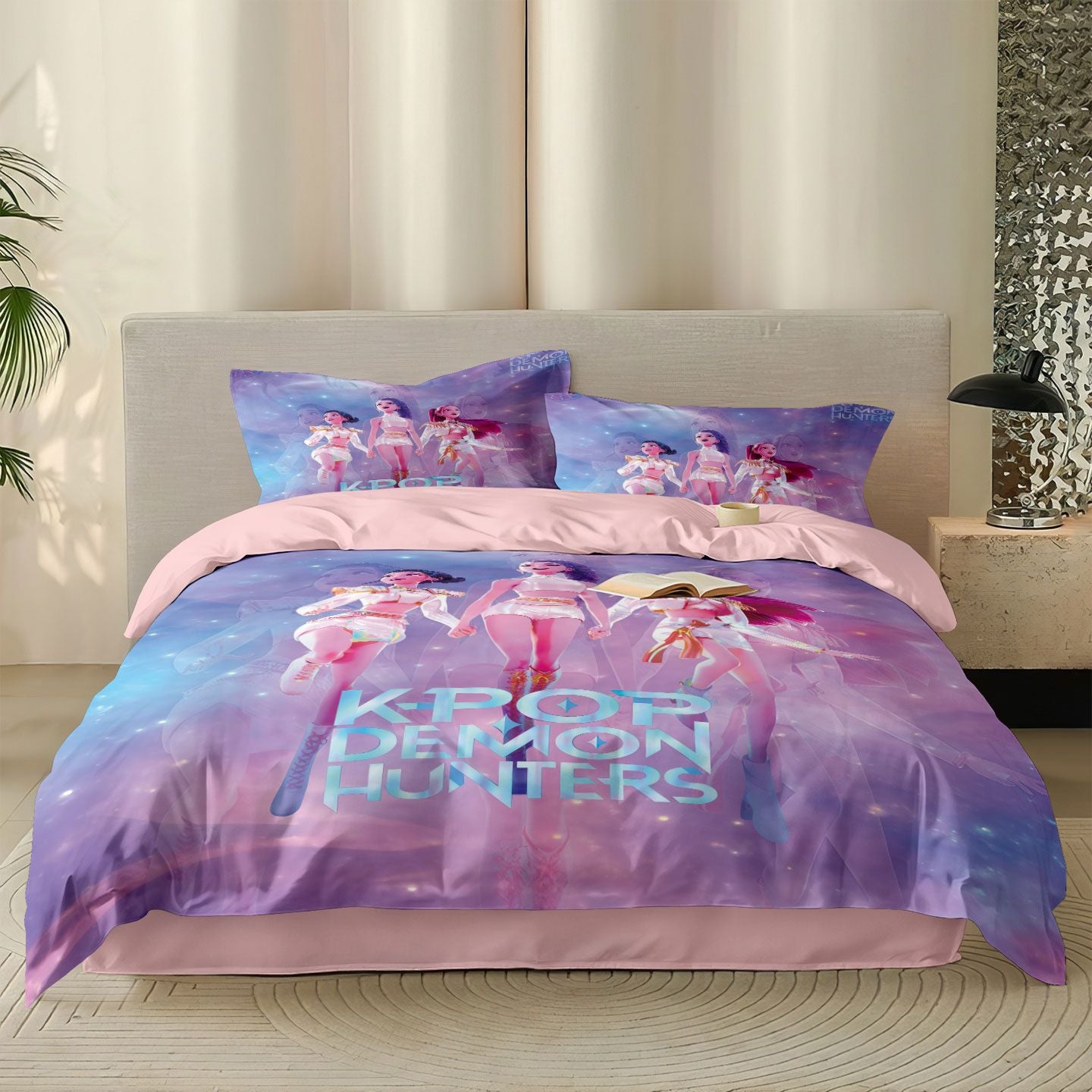 K-Pop Bedding Set Demon Hunters Themed pink or Black other side Print Polyester Student Dormitory  Duvet Cover Boys Girls Gift